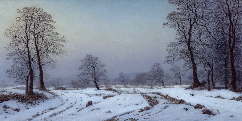 Prompt: a beautiful landscape painting of a path through countryside fields and patches of woodland, heavy snow fall, by caspar david friedrich, oil on canvas, highly detailed, hd, 4 k