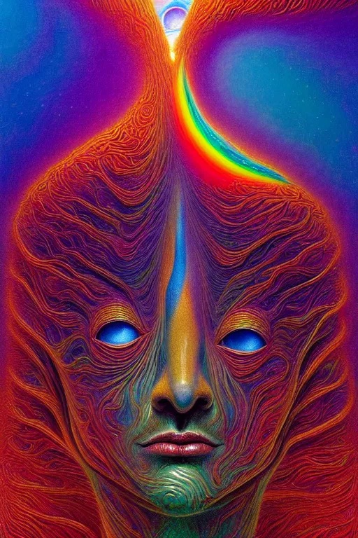 Prompt: hyperrealistic abstract close-up Renaissance psychedelic!! celestial happy! pure creature!! peaceful! kind spirit of nature! beautiful fractal!! eyes! highly detailed concept art eric zener elson peter cinematic hard rainbow lighting high angle hd 8k sharp shallow depth of field endless space, inspired by Zdzisław Beksiński Salvador Dali