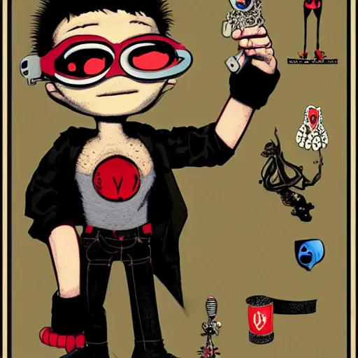 Image similar to a nerdy goth guy wearing goggles and eccentric jewelry by jamie hewlett :: full body character concept art, full body, detailed