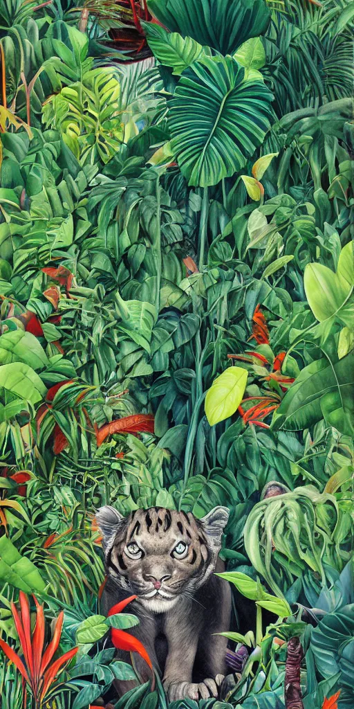 Image similar to deep in the jungle with exotic plant life, colorful tropical plants, natural botanical gardens, vines along the jungle floor, a panthers eyes staring at the camera, acrylic painting by henri rousseau and james jean, artstation, concept art, award winning,