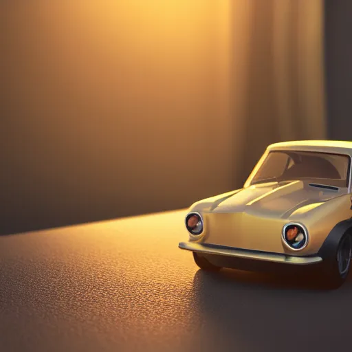 Prompt: a 3d render of a miniature car near the window, sunlight, tyndall effect, 4k