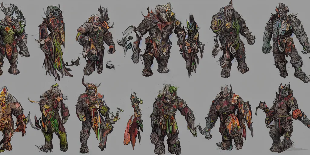 Image similar to different views of orcs, colourful intricate!! concept art by senior character artist, trending on artstation, full body character design