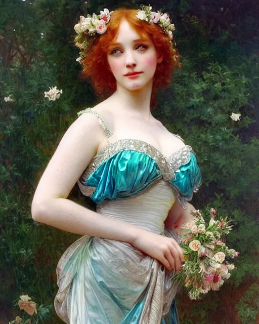 Image similar to young 1 8 - year old christina hendricks wearing an iridescent wedding dress covered in pearls, highly detailed, intricate, by bouguereau, alphonse mucha, and donato giancola