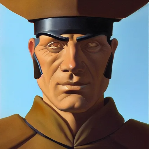 Prompt: ancient greek soldier close - up portrait by ralph mcquarrie. face is visible, no mask. trending at artstation