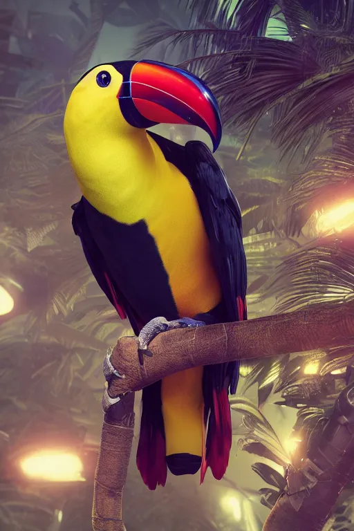 Image similar to a cyborg toucan, dynamic pose, intricate details, intricately detailed textures, warm lighting, vivid colors, realistic octane render, hyper realistic render, volumetric shading, depth of field, raytracing, 8 k,