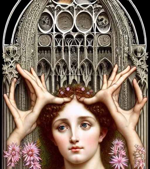 Image similar to hyperrealistic detailed portrait of a beautiful young goddess morphing into a gothic cathedral, authentic ornamental architecture, intricate and highly detailed, awe inspiring art by ernst haeckel, john william godward, h. r. giger, alphonso mucha, android jones, james jean, gothic, neo - gothic, heavily ornamental, deep colours,