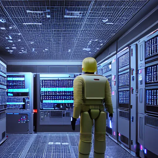 Image similar to hyperrealism detailed photography scene from stanley kubrick movie of highly detailed stylish system administrator from 2 0 7 7's as droid in josan gonzalez, gragory crewdson and katsuhiro otomo, mike winkelmann style with many details working at the detailed data center by laurie greasley hyperrealism photo on dsmc 3 system volumetric epic light rendered in blender