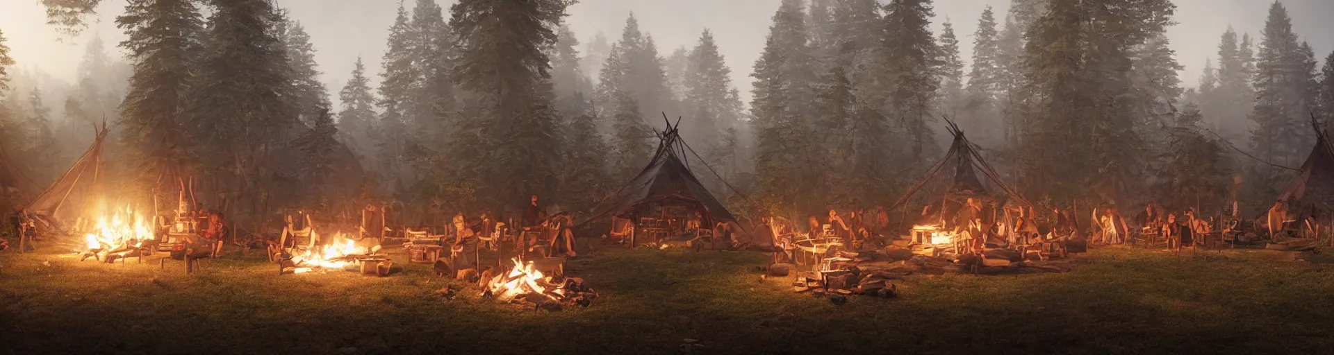 Prompt: longhouse, campfire, teepee, very detailed, octane render, realistic, 8 k, unreal engine 5, dramatic, volumetric, mountain, morning, greg rutkowski