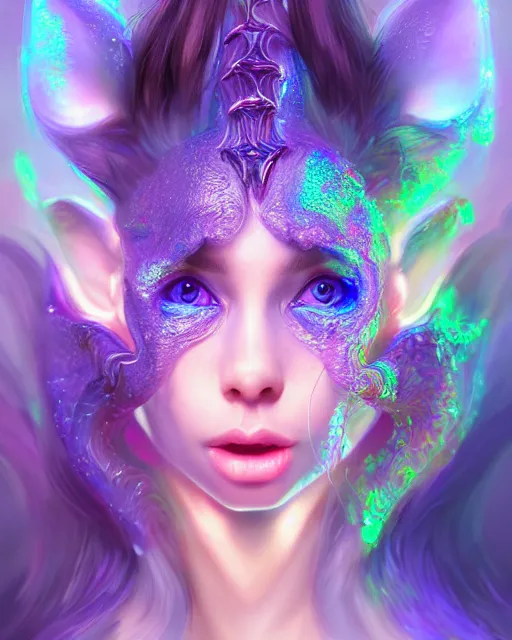 Image similar to cute female woman rat chimera of iridescent liquid, alchemy, shiny plastic, intricate, bloom, detailed, volumetric lighting, sharp focus, photorealism, digital painting, highly detailed, concept art, by by artgerm and wlop