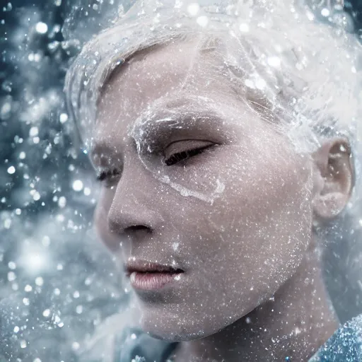 Image similar to futuristic female soldier eyes closed partly submerged in highly viscous clear fluid, frost particles, ice needles, cold blue light, complex hyperdetailed technical suit. white hair flowing. reflection. rays and dispersion of light. volumetric light. 5 0 mm, f / 3 2. noise film photo. ultra realistic, wide angle. rudolf herczog