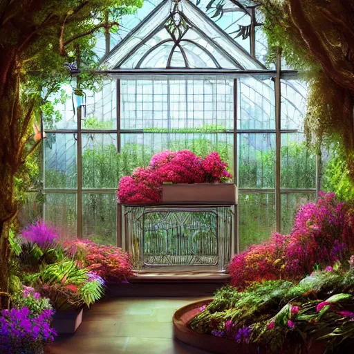 Prompt: a musical bedroom art deco greenhouse. the greenhouse is built into a giant oak tree, ornate, beautiful, atmosphere, vibe, flowers, concept art illustration, greg rutowski, volumetric lighting,