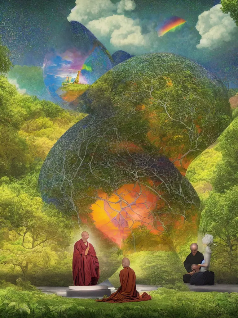 Image similar to neurograph, very very beautiful landscape, an echo a rainbow and a dream, monks praying in a temple forest through a spherical lens, surrealism, intricate, elegant, highly detailed, digital painting, trending on artstation, concept art, sharp focus, by rene magritte, moebius