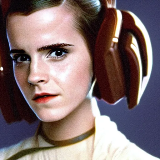 Image similar to film still of emma watson as princess leia organa in star wars, polaroid, photography, film, kodak