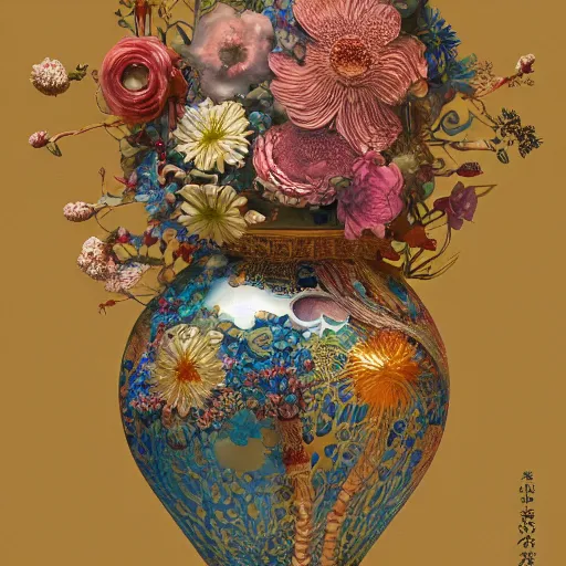 Image similar to A detailed render of a vase with flowers in it, plain background, by victo ngai, Zhelong Xu, Mucha, Ellen Jewett, Pascal Blanche, Liudmila Kirdiashkina, Nekro, Arsen Asyrankulov, Chun Lo