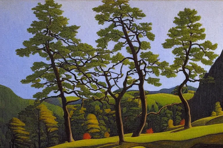 Prompt: masterpiece painting of oak trees on a hillside overlooking a creek, dramatic lighting, by lawren harris