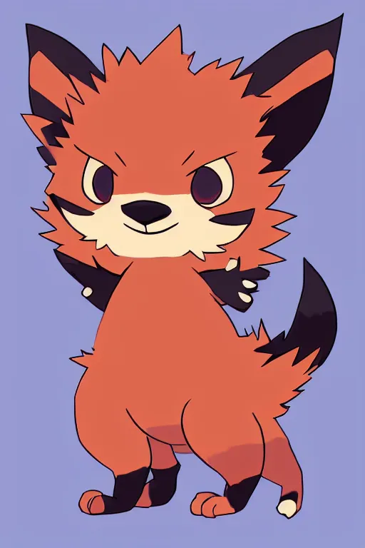 Image similar to zorua pokemon, stylised fox - like appearance, black and auburn colour pallet, thick furry neck and chest fluff, stylised 🖌 - like hair, pokemon concept art with multiple angles, super detailed, clean lines, digital art