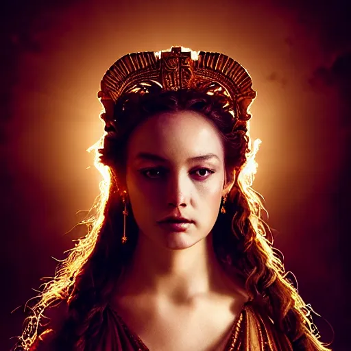 Image similar to majestic gracious regal seductive deity persephone portrait, ancient greece, atmospheric lighting, painted, ravenous, tempestuous, humble, intricate, volumetric lighting, beautiful, rich deep colours masterpiece, golden hour, golden ratio, sharp focus, ultra detailed, by leesha hannigan, ross tran, thierry doizon, kai carpenter, ignacio fernandez rios