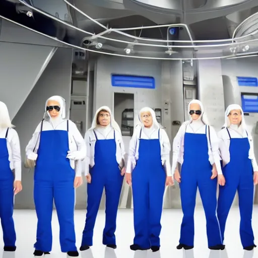 Prompt: troop of very short cloned women with white bob hairdos, tight light blue and lavender jumpsuits, standing next to tall scientist looking at a clipboard, futuristic cloning facility, sci - fi, highly detailed, cinematic