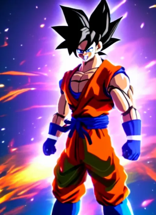 Image similar to game still of a sayan goku as a fortnite skin in fortnite by fortnite, pose.