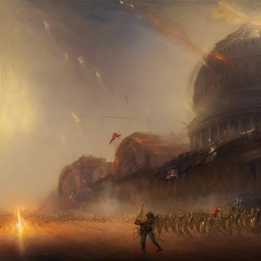 Prompt: highly detailed painting of alien androids attacking washington dc and american army, by william turner, by greg rutkowski, by william constable, thick brush strokes and visible paint layers, 4 k resolution