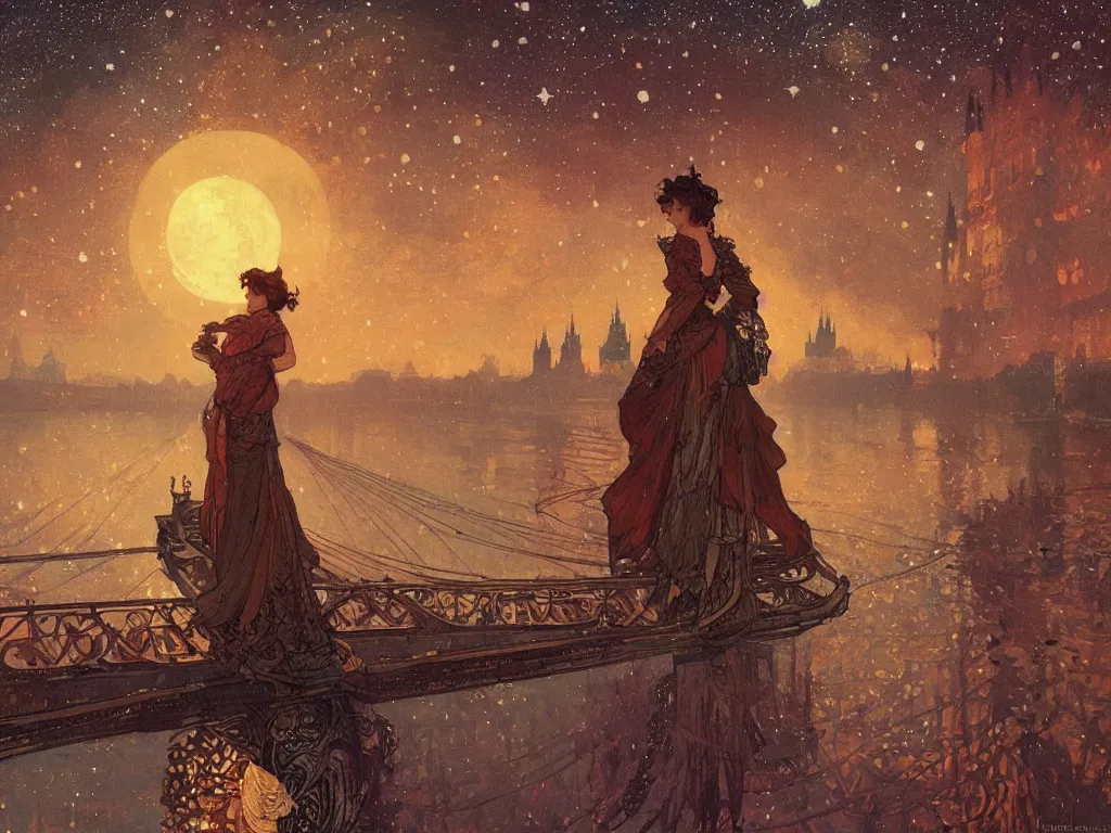 Image similar to a view from the river of prague at night with the sky full of stars, intricate, elegant, highly detailed, digital painting, artstation, concept art, smooth, sharp focus, colored illustration, art by krenz cushart and artem demura and alphonse mucha, anime wallpaper