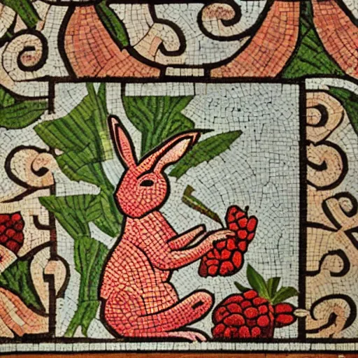 Image similar to a rabbit eating raspberries in the style of ancient mosaic