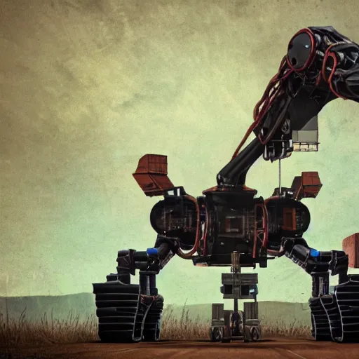 Image similar to giant scary quadrupedal mining robot with drill, four legs, highly detailed body, retro, industrial, dark, dystopian, apocalyptic, clean, in the style of simon stalenhag, 8 5 mm f / 1. 4