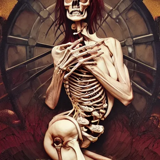 Image similar to human skeleton covered with blood, ultra realistic, concept art, intricate details, highly detailed, photorealistic, octane render, 8 k, unreal engine. art by artgerm and greg rutkowski and alphonse mucha