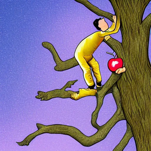 Prompt: streatchy dude trying to reach an apple on a very high tree, digital art, 8K