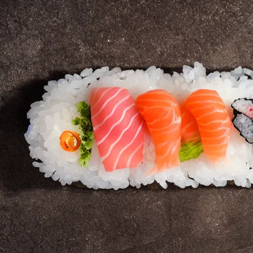 Image similar to sushi laid out on a slab of stone that is laying on a wooden table, high detail, 4k, complex