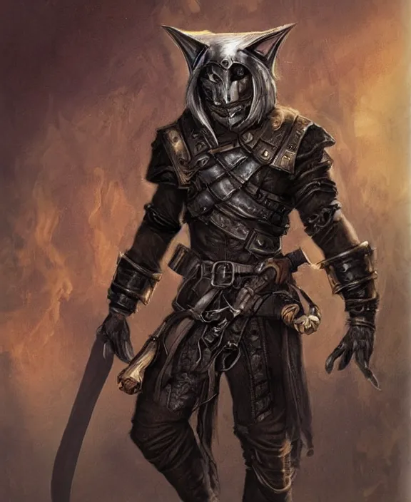 Prompt: humanoid male catfolk rogue, wearing leather armor, magic the gathering, fantasy