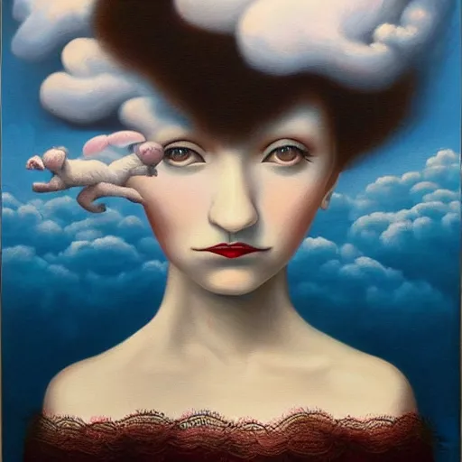 Prompt: a painting of a woman surrounded by clouds, a surrealist painting by Mark Ryden, featured on deviantart, pop surrealism, cosmic horror, lovecraftian, poster art