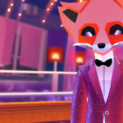 Prompt: Second Life screenshot of a fox in a sparkly pink tuxedo in a GYC night club