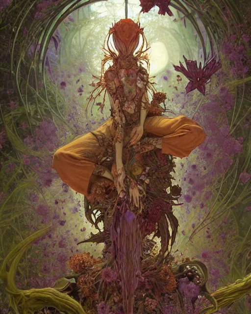 Image similar to the platonic ideal of flowers, rotting, insects and praying of cletus kasady carnage davinci dementor wild hunt chtulu mandelbulb mandala ponyo dinotopia the witcher, d & d, fantasy, ego death, decay, dmt, psilocybin, concept art by randy vargas and greg rutkowski and ruan jia and alphonse mucha