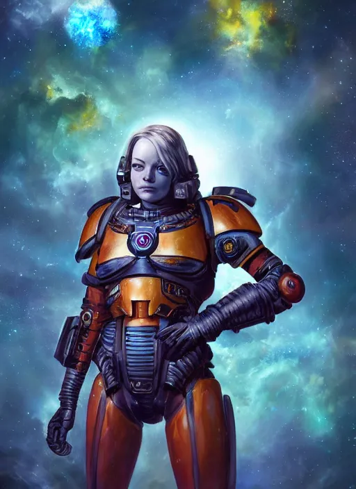 Image similar to cosmic portrait of emma stone as a space marine, apocalypse, naturel, hyper detailed, digital art, trending in artstation, cinematic lighting, studio quality, smooth render, unreal engine 5 rendered, octane rendered, art style by klimt and nixeu and ian sprigger and wlop and krenz cushart.