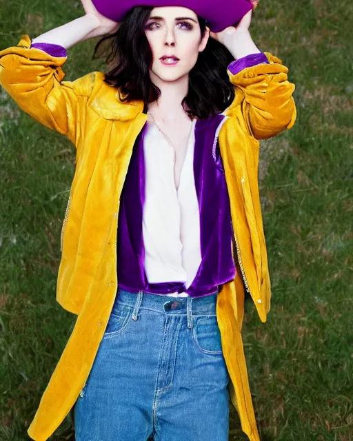 Image similar to photorealistic portrait headshot photos of kristen ritter wearing a yellow leather jacket, green corduroy pants, a red silk blouse, and purple velvet top hat on her head, photoshoot in the style of annie leibovitz, photorealistic, bokeh