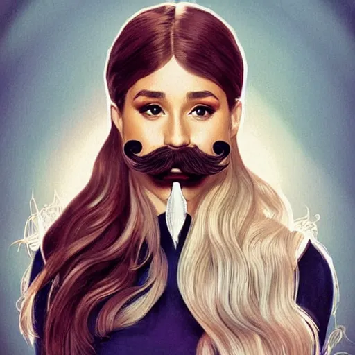 Prompt: Ariana Grande with a mustache, intricate, mustche, elegant, hairy mustache, highly detailed, Chevron stache, centered, digital painting, artstation, Walrus mustache, concept art, smooth, sharp focus, illustration, art by artgerm and H R Giger and alphonse mucha