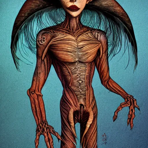 Image similar to detailed illustration of attractive humanoid alien species with beautiful human face, human torso, dark fae, black feathers instead of hair, feathers growing out of skin, wings growing out of arms, transformation, tim burton, guillermo del toro