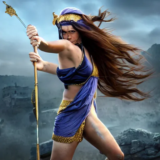 Image similar to Greek goddess Athena fighting with stupidity, stupidity is represented by horde of internet influencers, realistic person, spear in the right hand, long hair, detailed body and face, natural look, realistic photography, hyper realistic, highly detailed, 4k, battle landscape, high quality image, couraging and atmospheric composition