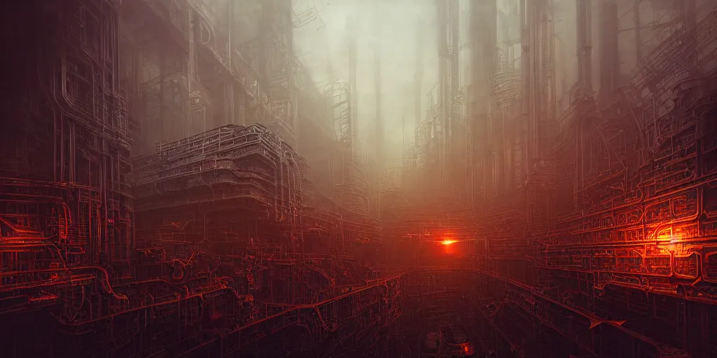 Prompt: futuristic dystopian endless, intricate, complex, labyrinthine, byzantine, tangled, industrial megafactory complex, smokestacks, pipelines and ducts and vents, science fiction landscape painting, steampunk, haze, night, gloomy, dark, dramatic, cinematic, volumetric lighting, gods eye view