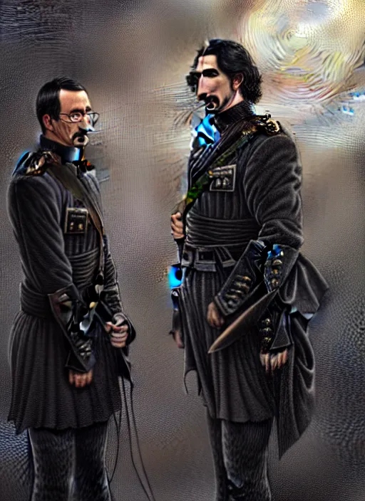 Prompt: a portrait of john oliver standing next to adam driver as in the vigo carpathian painting, stoic, military uniform, fantasy, intricate, beautiful, highly detailed, charcoal, centered, dark, smokey, digital painting, concept art, smooth, sharp focus, illustration, art by artgerm and greg rutkowski