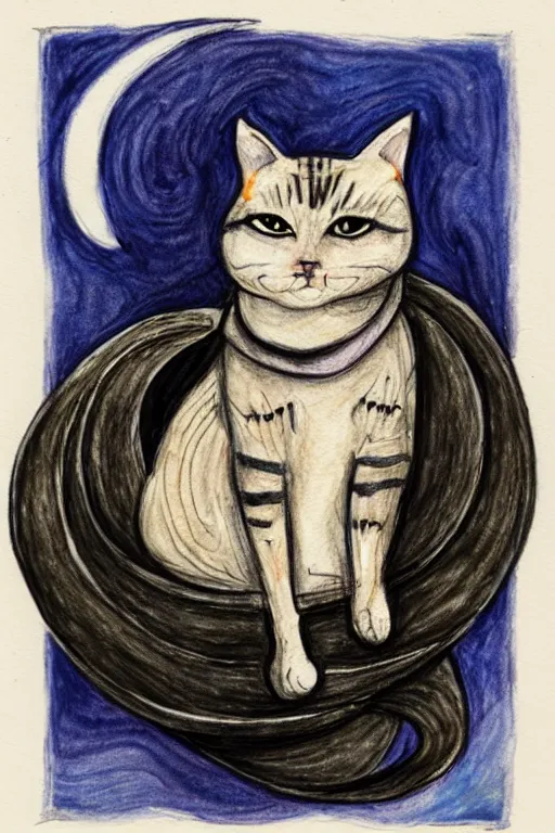 Image similar to drawing of a cat sitting on moon, witchy, mystical, watercolor