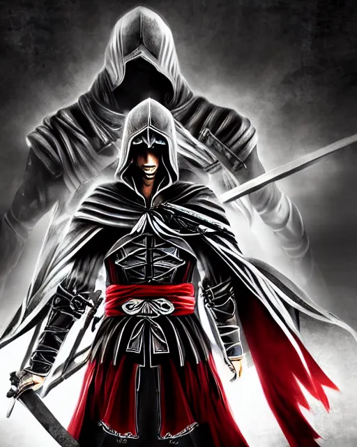 Image similar to Digital state-sponsored anime art of Ezio Auditore by A-1 studios, serious expression, empty warehouse background, highly detailed, spotlight