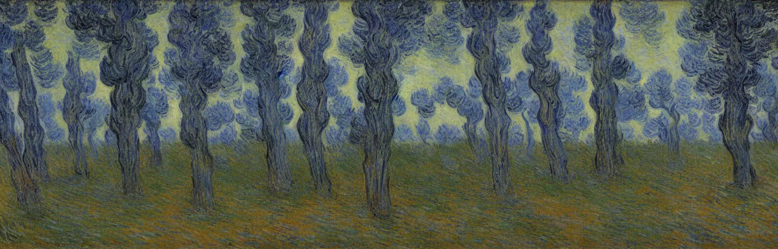 Prompt: An aesthetically pleasing, dynamic, energetic, lively, well-designed digital art of juniper trees in a forest at night in a low mist, light and shadow, chiaroscuro, by Claude Monet and Vincent Van Gogh, superior quality, masterpiece, excellent use of negative space. 8K, superior detail.