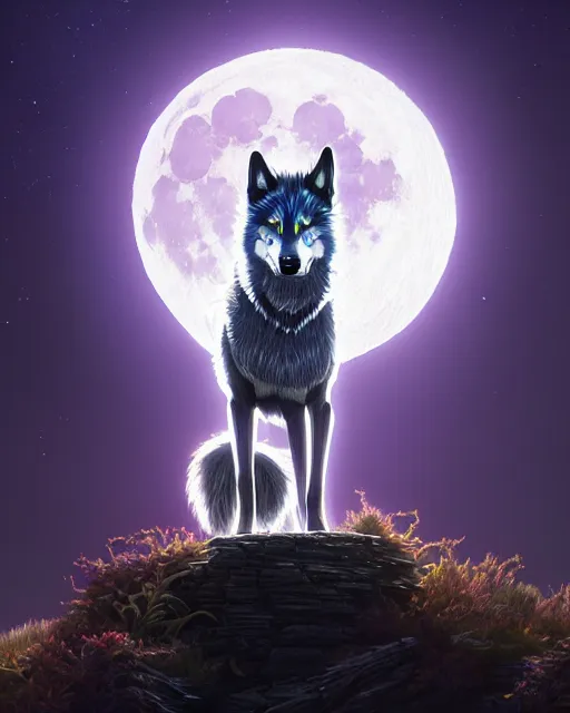 Image similar to highly detailed surreal vfx portrait of a metallic chromatic samurai wolf in front of a full moon, stephen bliss, unreal engine, greg rutkowski, loish, rhads, beeple, makoto shinkai and lois van baarle, ilya kuvshinov, rossdraws, tom bagshaw, alphonse mucha, global illumination, detailed and intricate environment