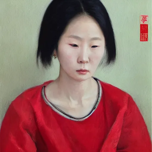 Prompt: portrait of a woman wearing white and red, oil painting by leng jun.