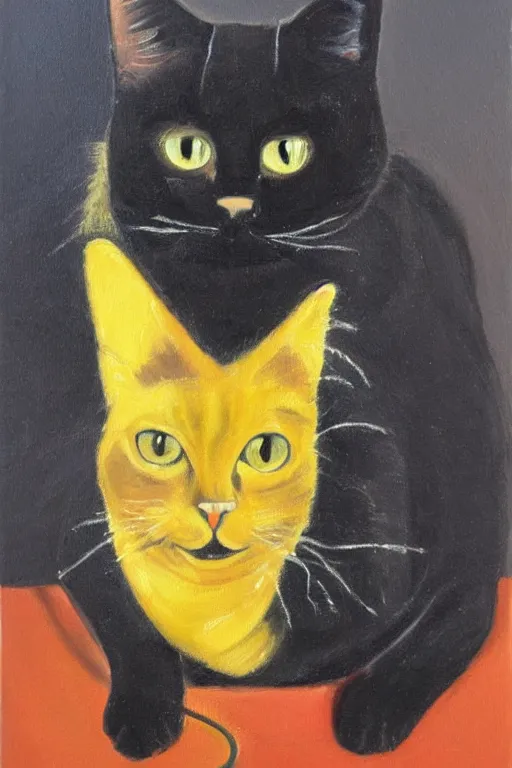 Prompt: oil painting, art by rosina wachtmeister, black cat using black vintage telephone, golden background