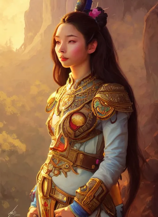 Image similar to portrait of russian mexican asian girl jodhpurs hyperborea lemuria, deep focus, d & d, fantasy, intricate, elegant, highly detailed, digital painting, artstation, concept art, matte, sharp focus, illustration, hearthstone, art by rhads by artgerm and greg rutkowski and alphonse mucha