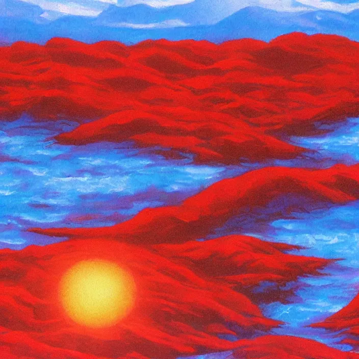 Image similar to a alien planet with a red ocean and blue sand and rocks at sunrise, bob ross painting, high coherence, highly detailed, high quality, masterpiece, award - winner, hyperrealistic