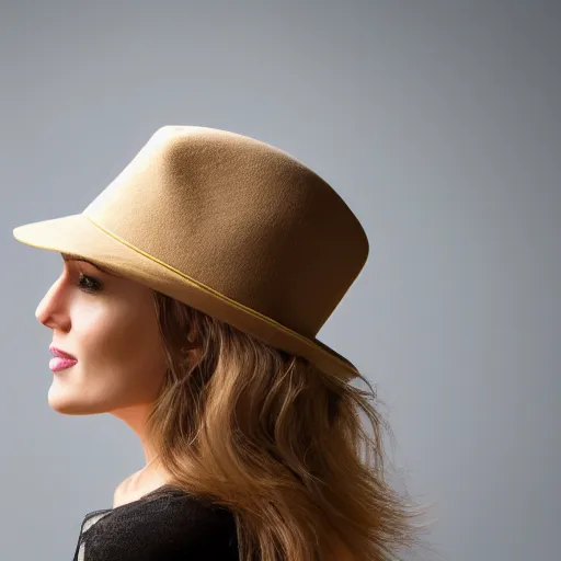 Prompt: portrait of 2 3 - year - old woman with angle lost profile looking away, happy women, cinematic colors, medium yellow blond hair, brown hat, hair comes out of the hat a little, caracter look like angelina jolie